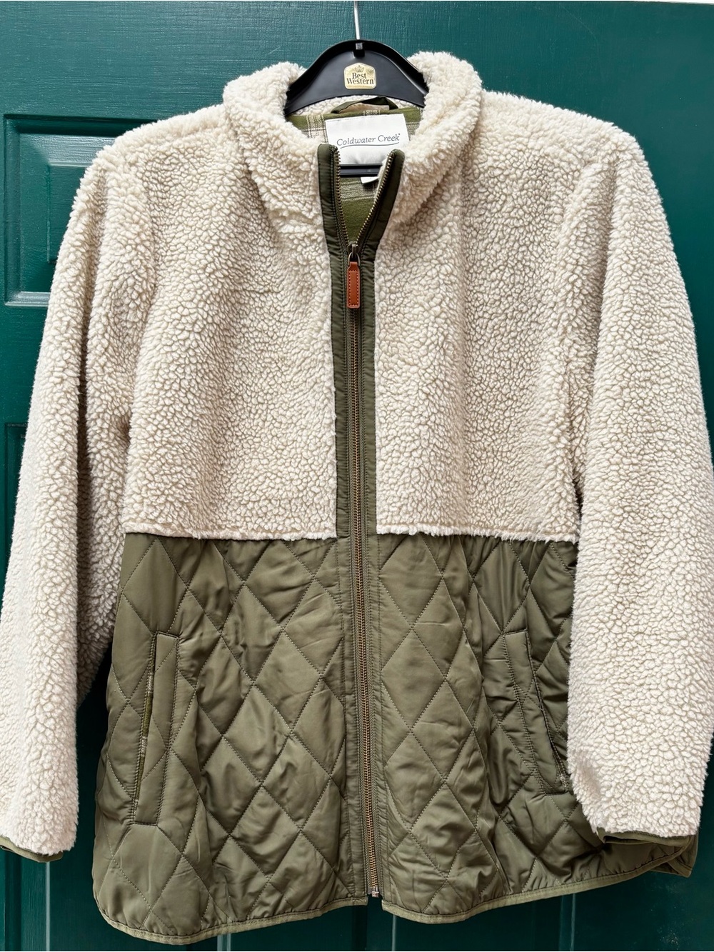 Coldwater Creek Women’s Two-Tone Sherpa & Quilted Jacket - Cream & Olive